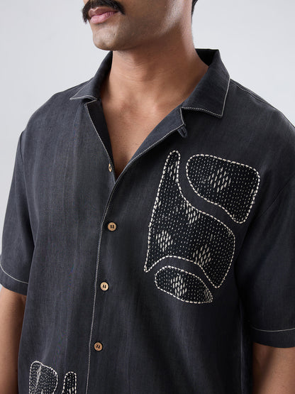 Black Denim Kantha Patchwork Shirt