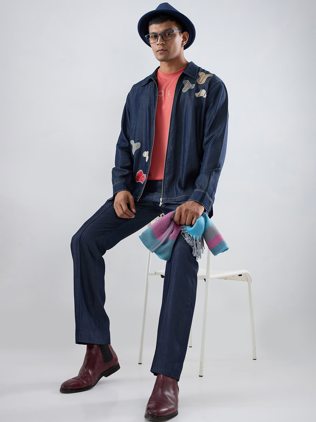 Dark Blue Denim Grid Zipper Patchwork Shacket