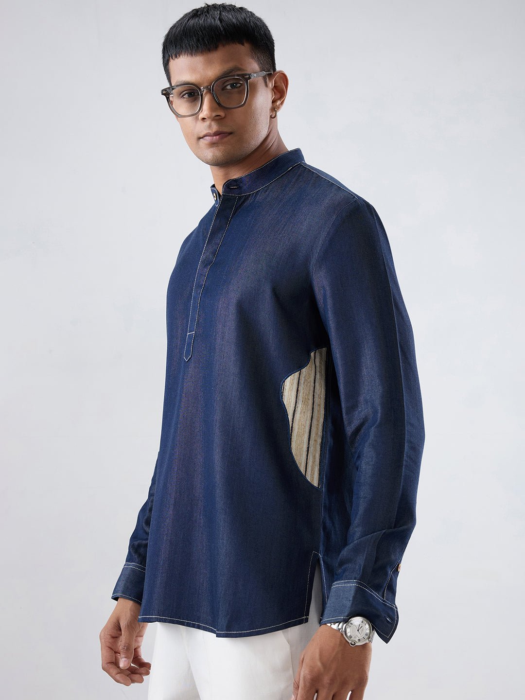 Dark Blue Denim Asymmetric Patchwork Kurta Shirt