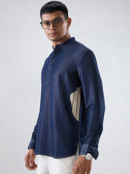 Dark Blue Denim Asymmetric Patchwork Kurta Shirt