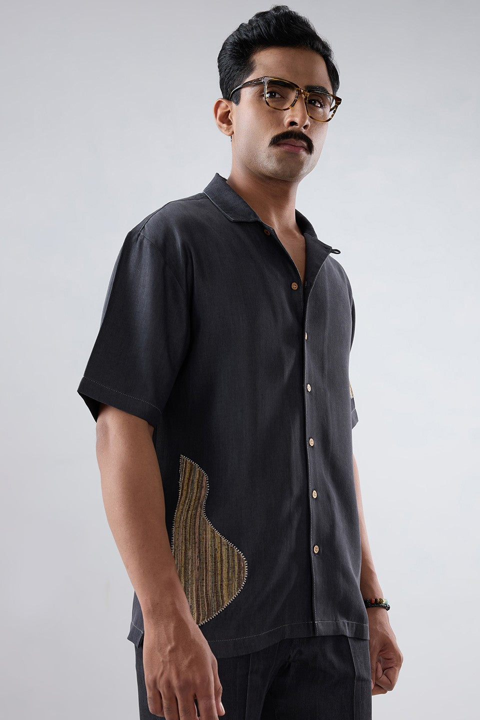 Black Denim Artisanal Patchwork Shirt