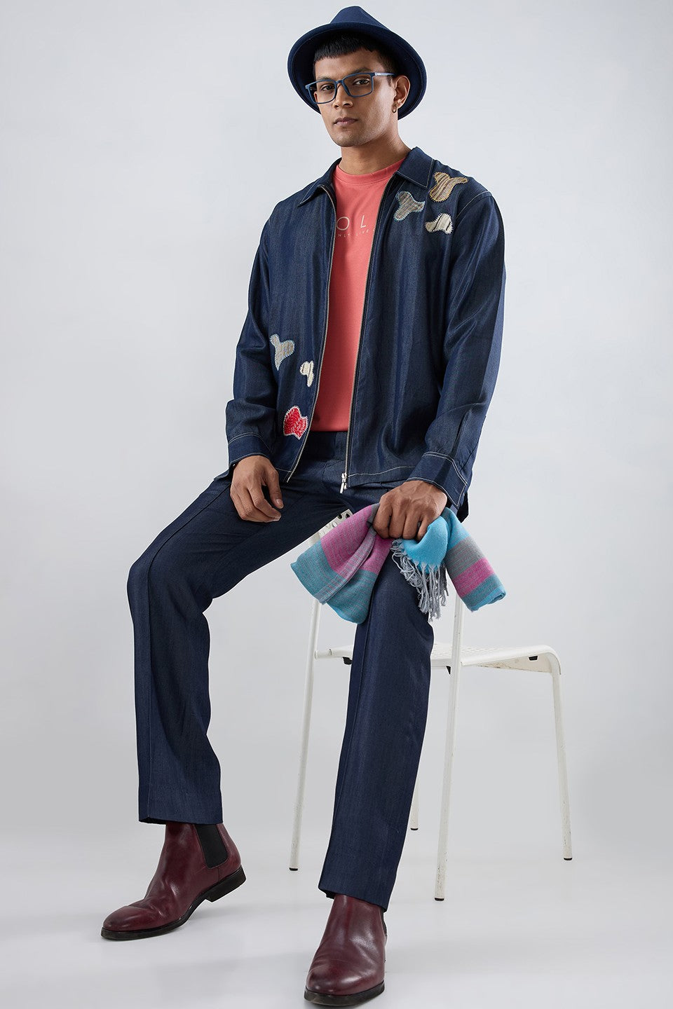 Dark Blue Denim Grid Zipper Patchwork Shacket