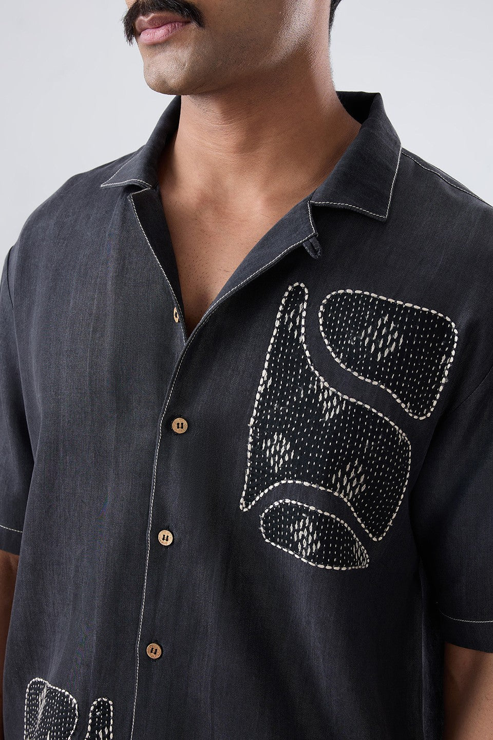 Black Denim Kantha Patchwork Shirt