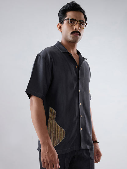 Black Denim Artisanal Patchwork Shirt