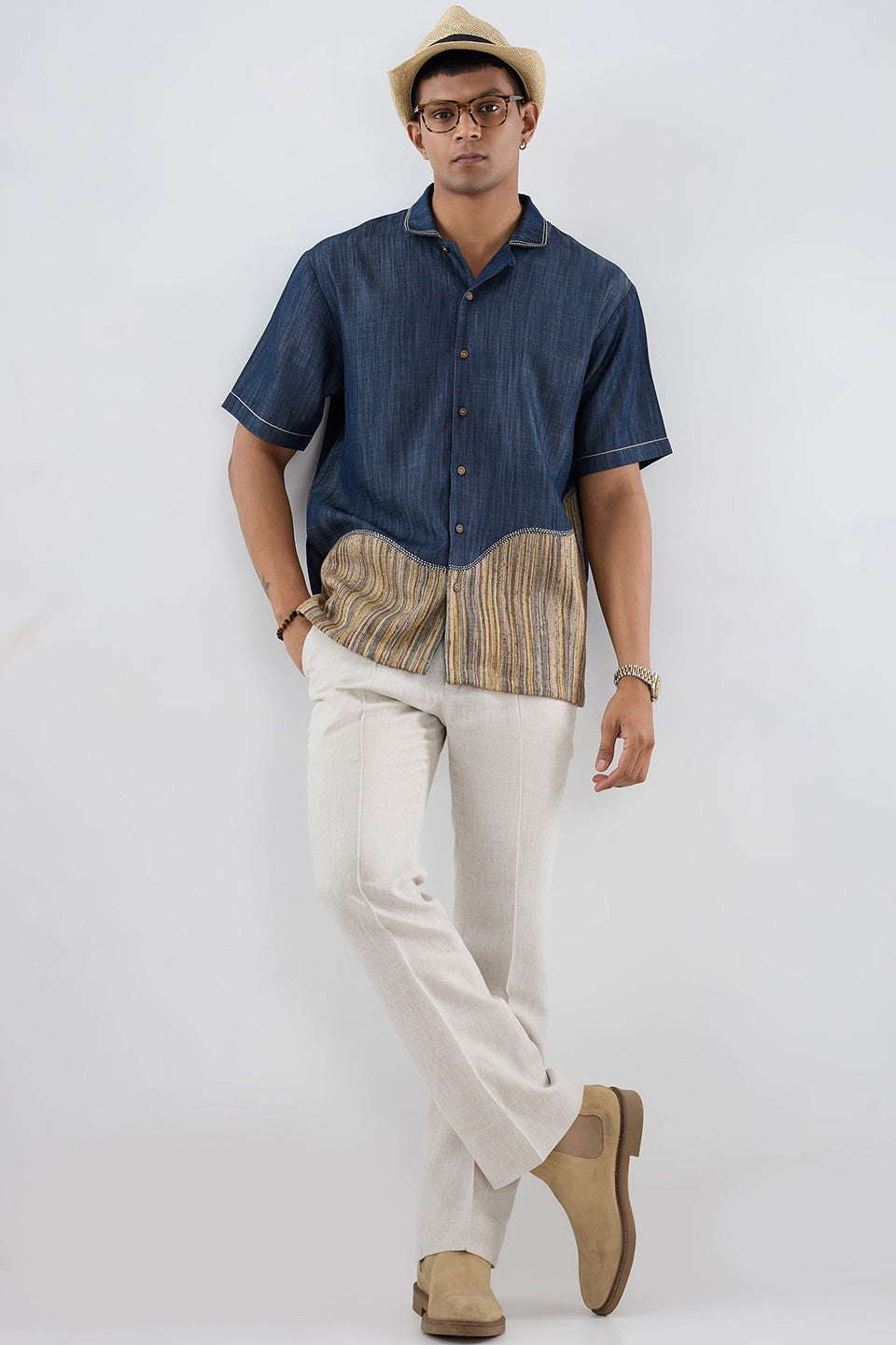 Dark Blue Denim Urban Patchwork Shirt