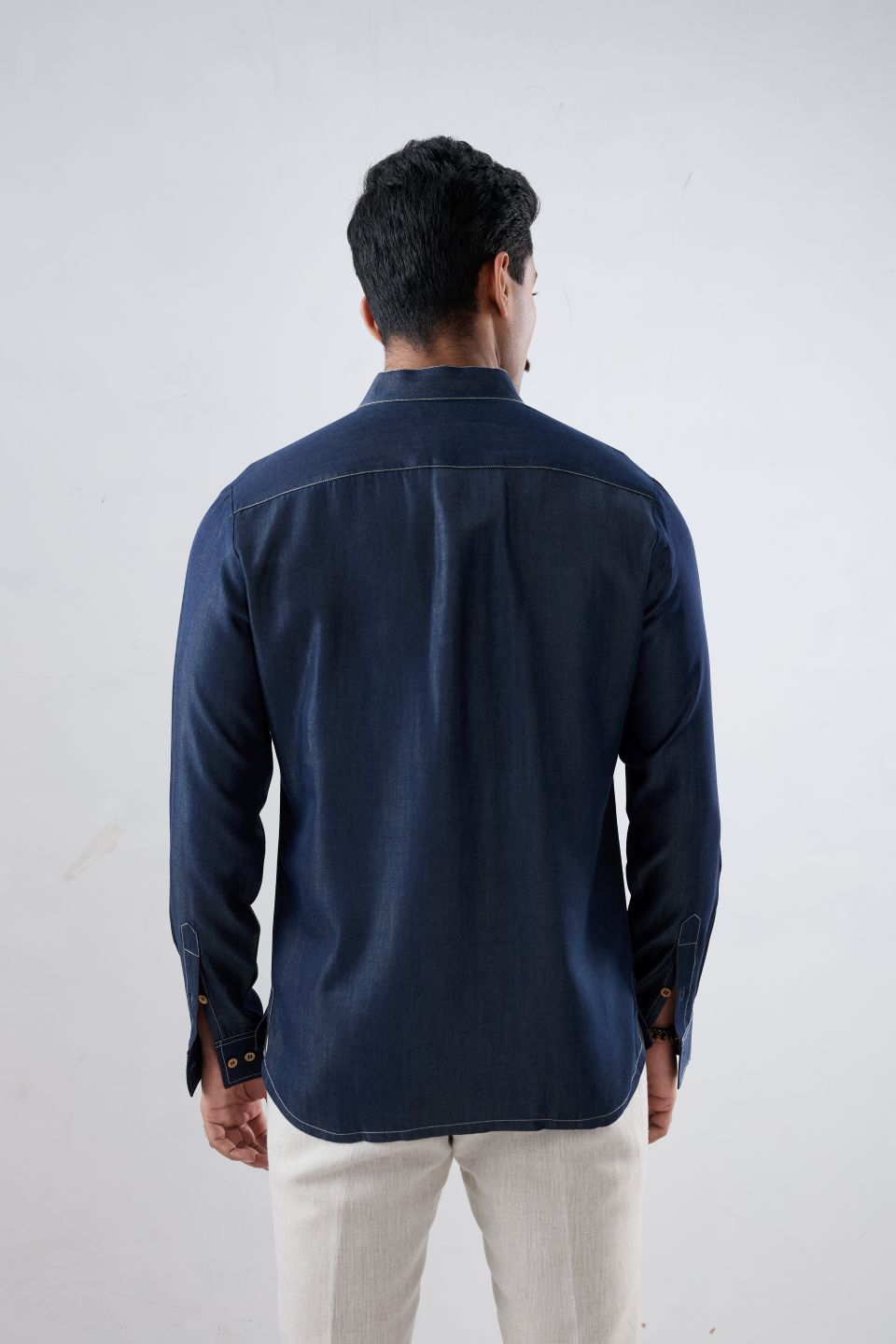 Dark Blue Denim Kantha Pocket Patchwork Kurta Shirt