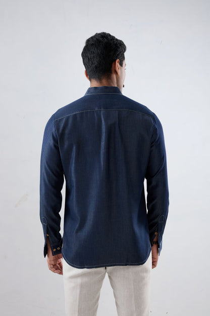 Dark Blue Denim Kantha Pocket Patchwork Kurta Shirt