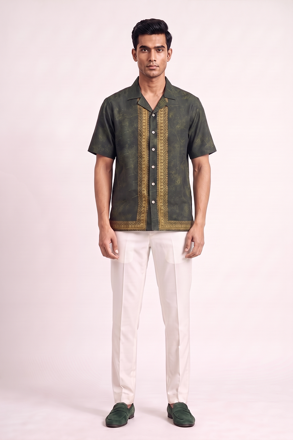 Olive Green Regal Silk Cuban Collar Shirt