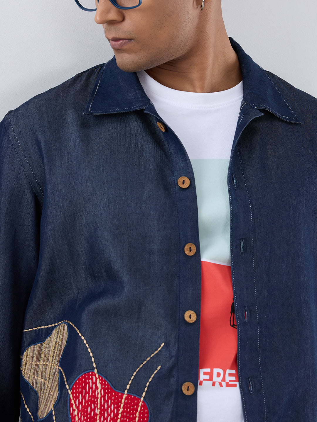 Dark Blue Denim Rust Panel Patchwork Shacket
