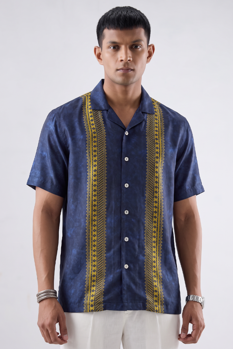 Blue Linear SIlk Cuban Collar Shirt