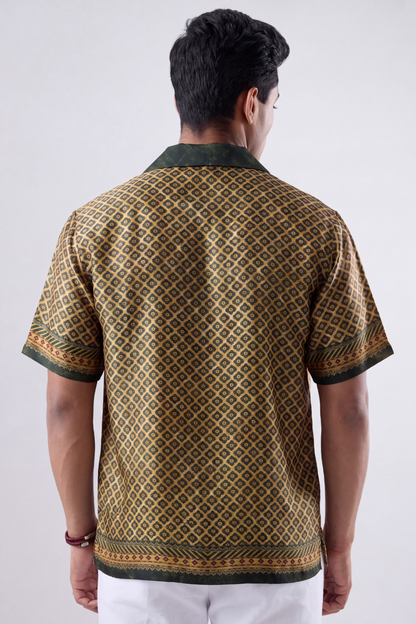 Olive Green Mosaic Silk Cuban Collar Shirt