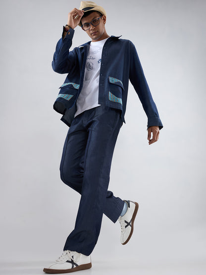 Dark Blue Denim River Flow Patchwork Shacket