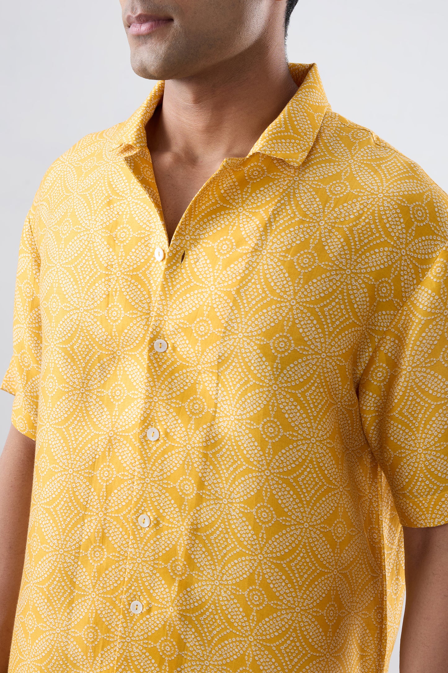 Yellow Bandhani Cuban Collar Shirt