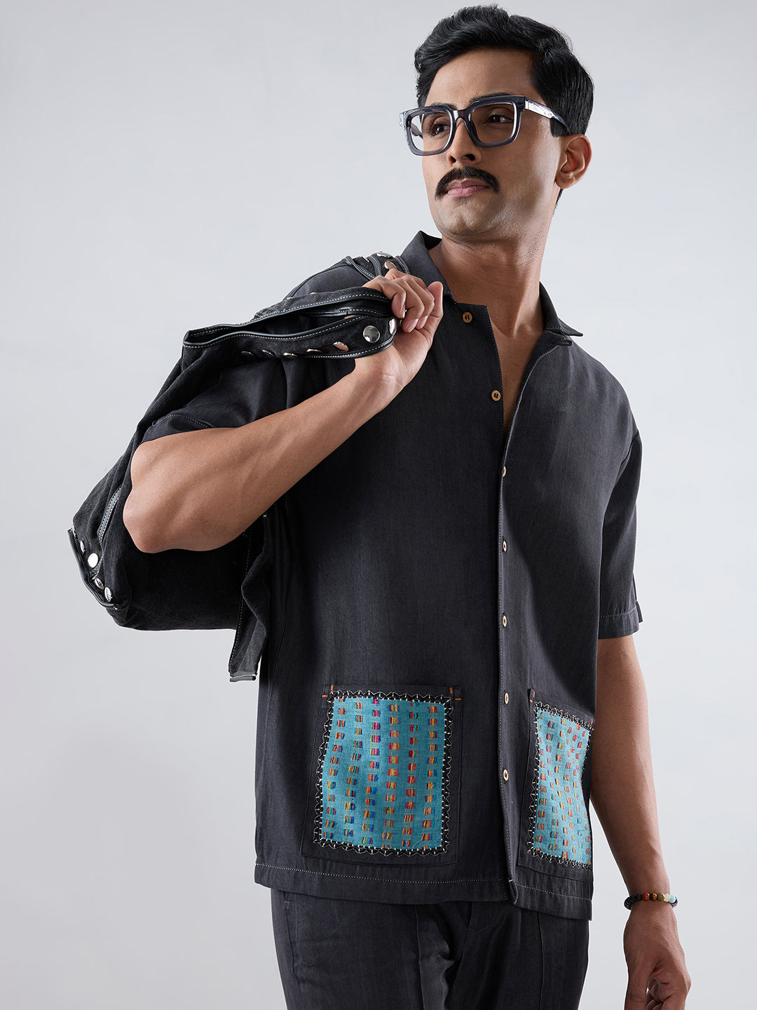 Black Denim Pocket Patchwork Shirt