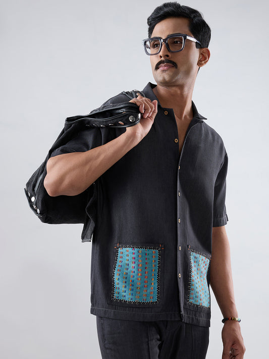 Black Denim Pocket Patchwork Shirt