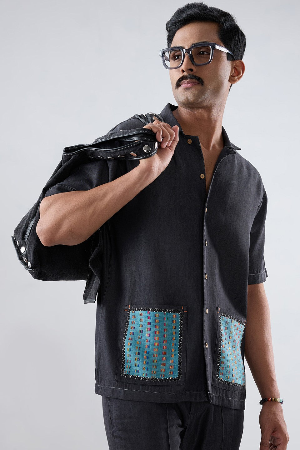 Black Denim Pocket Patchwork Shirt