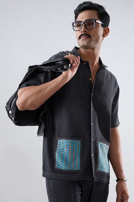 Black Denim Pocket Patchwork Shirt