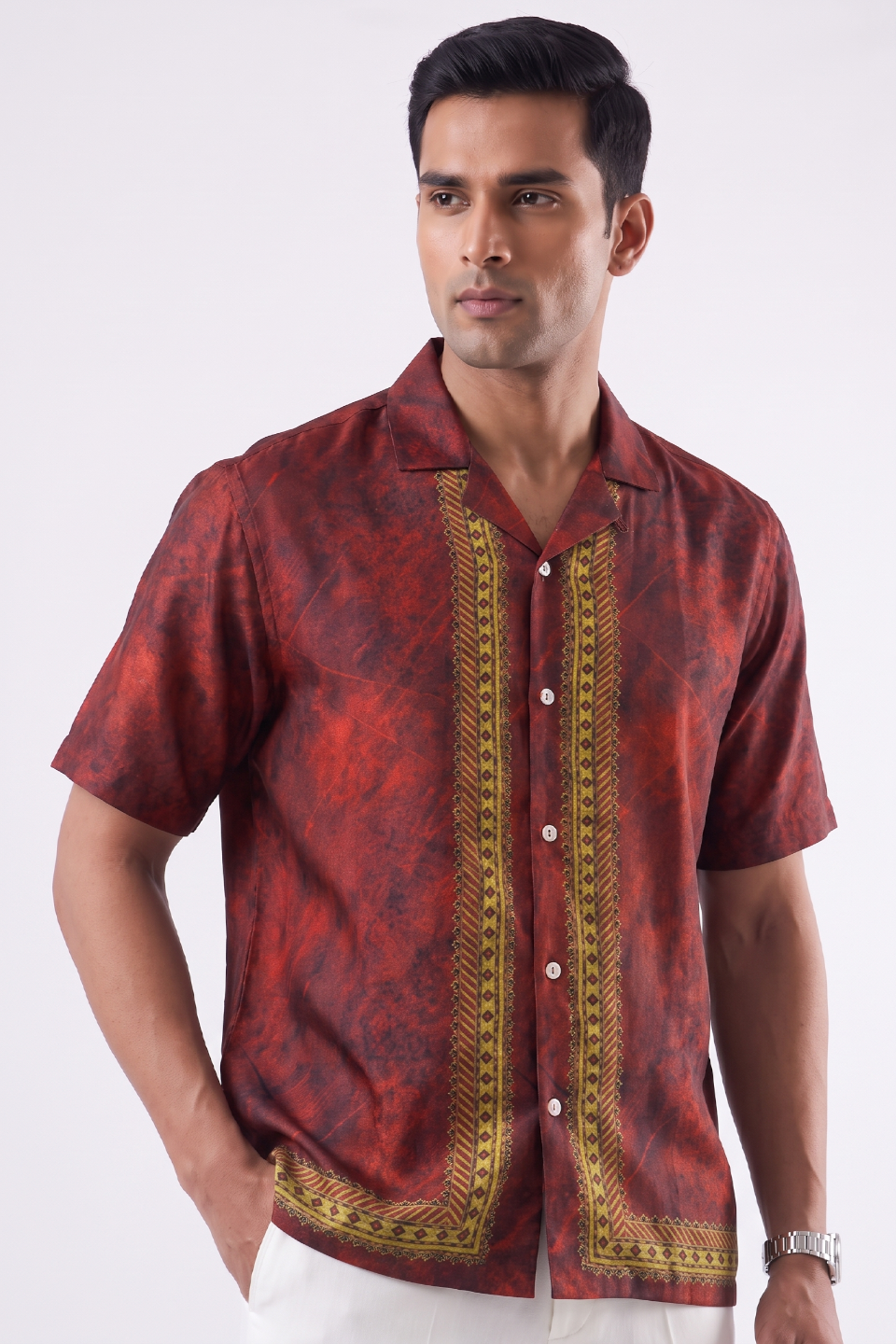 Maroon Regal Silk Cuban Collar Shirt