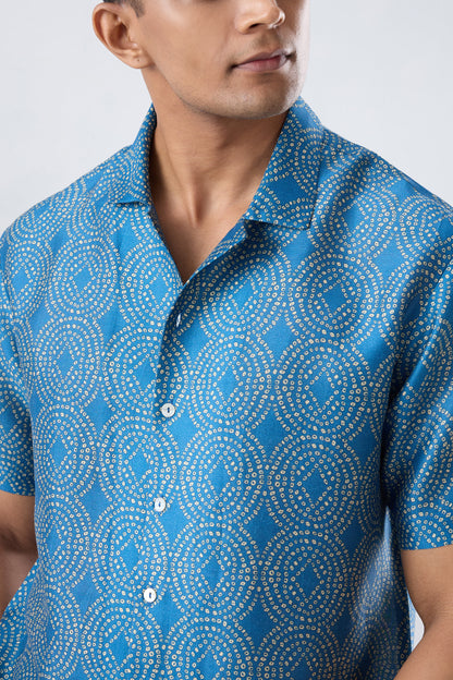 Dark Blue Bandhani Cuban Collar Shirt