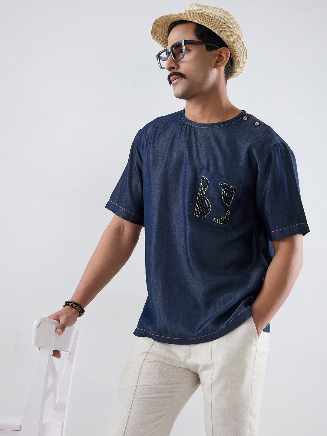 Dark Blue Denim Kantha Patch Pocket T-shirt