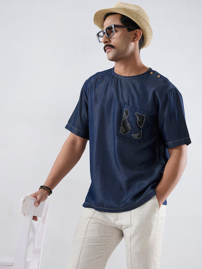Dark Blue Denim Kantha Patch Pocket T-shirt