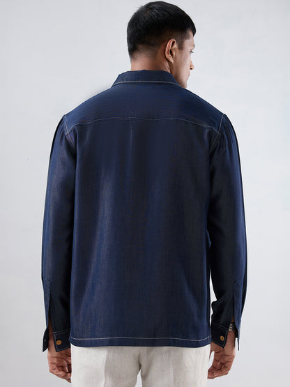 Dark Blue Denim Urban Nomad Zipper Patchwork Shacket