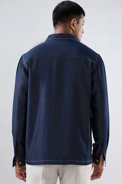 Dark Blue Denim Urban Nomad Zipper Patchwork Shacket