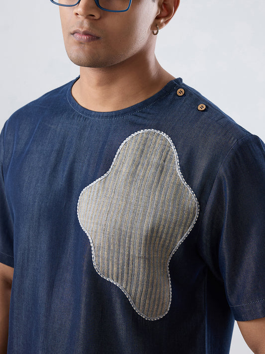 Dark Blue Denim Abstract Patchwork T-shirt
