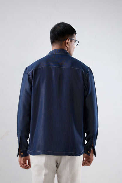 Dark Blue Denim Midnight Mosaic Zipper Patchwork Shacket