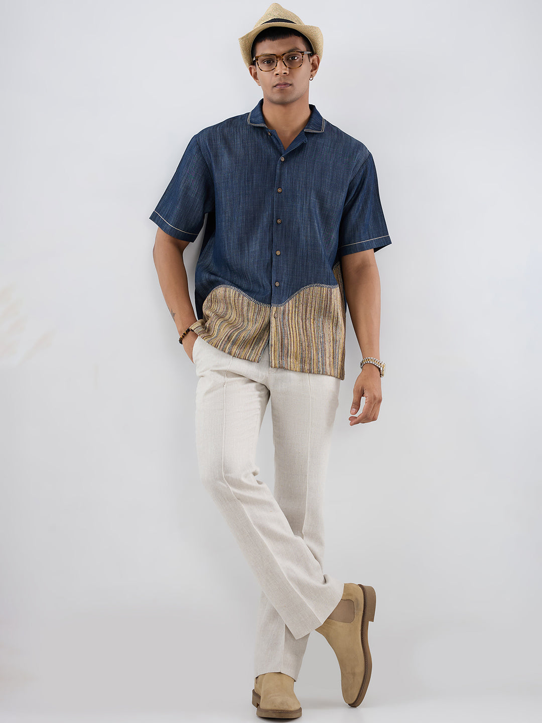 Dark Blue Denim Urban Patchwork Shirt