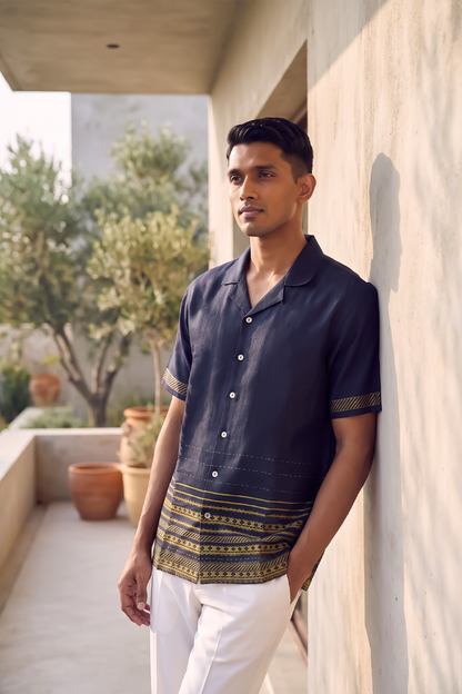 Blue Heritage Silk Cuban Collar Shirt