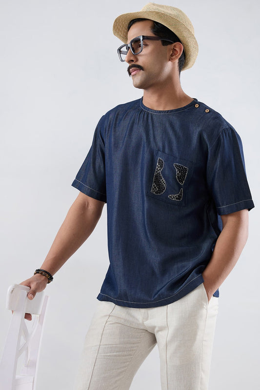 Dark Blue Denim Kantha Patch Pocket T-shirt