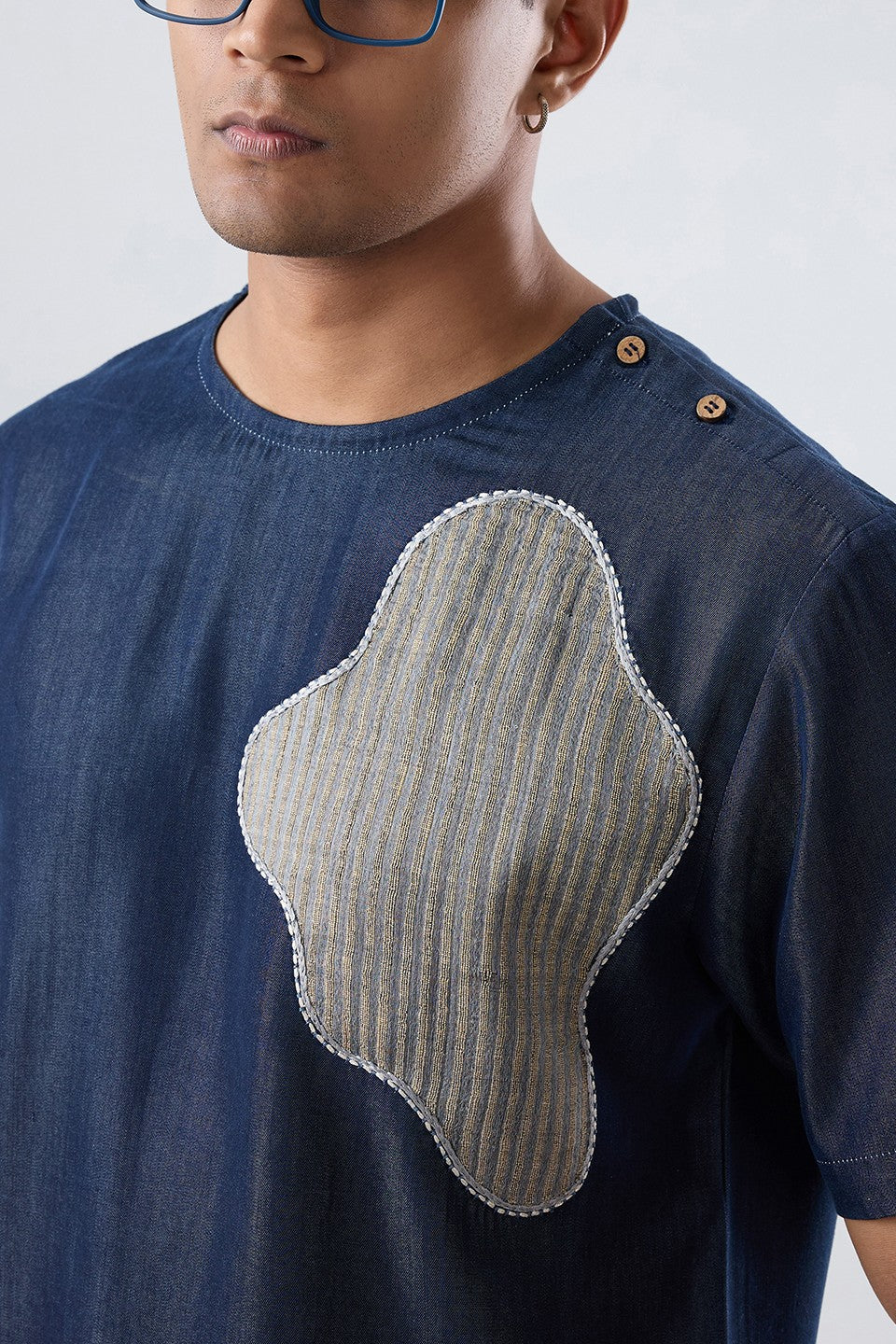 Dark Blue Denim Abstract Patchwork T-shirt