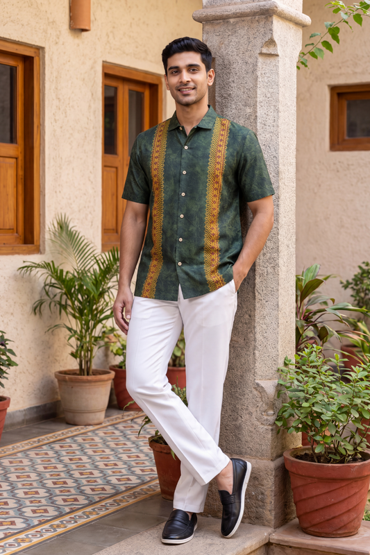 Olive Green Linear Silk Cuban Collar Shirt