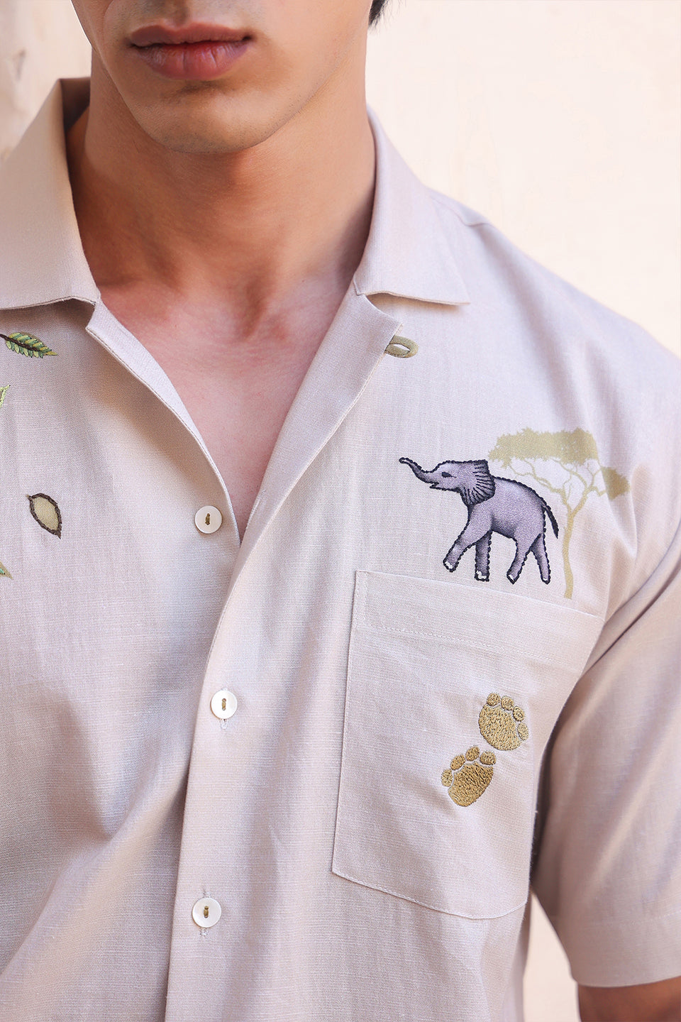 Ivory Embroidered Cuban Collar Shirt Elephant