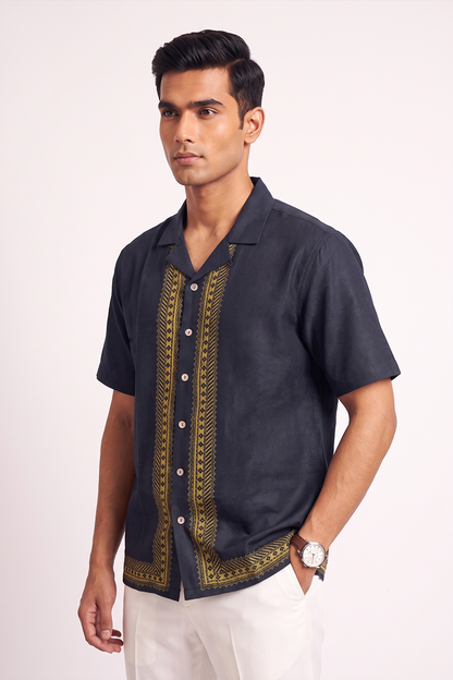Blue Regal Silk Cuban Collar Shirt
