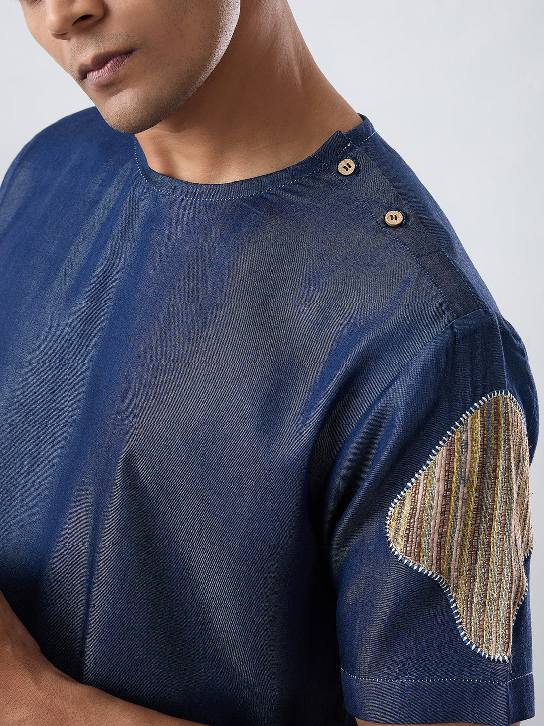 Dark Blue Denim Artisanal Patchwork T-shirt