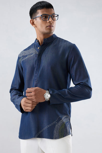 Kantha Blue Embroidered Kurta Shirt