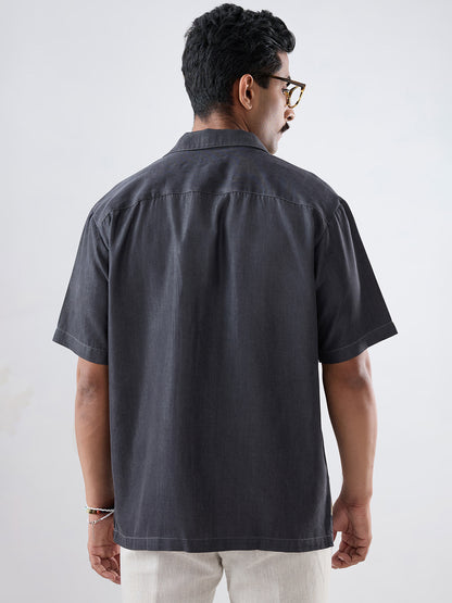 Black Denim Asymmetric Patchwork Shirt