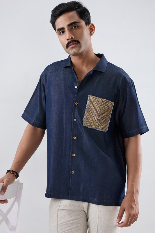 Dark Blue Denim Earth Patchwork Shirt