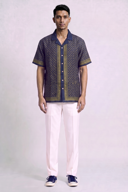 Blue Mosiac Silk Cuban Collar Shirt