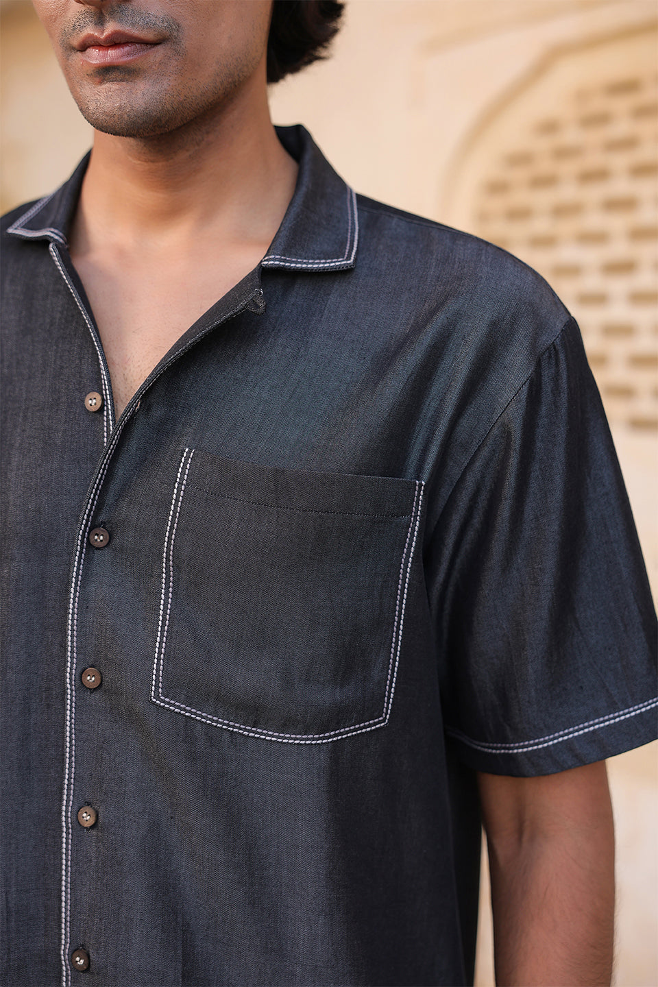 Black Denim Cuban Collar Shirt
