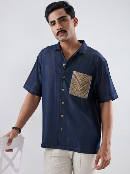 Dark Blue Denim Earth Patchwork Shirt
