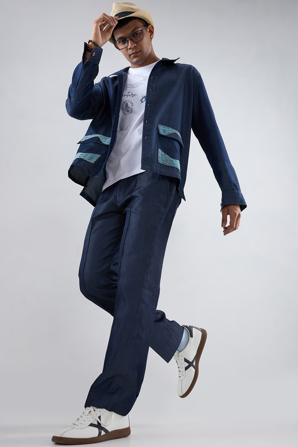 Dark Blue Denim River Flow Patchwork Shacket