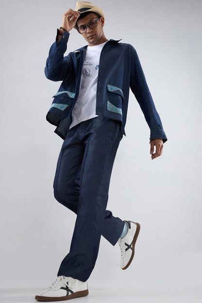Dark Blue Denim River Flow Patchwork Shacket