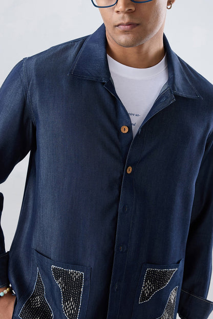 Dark Blue Denim Artisanal Kantha Patchwork Shacket