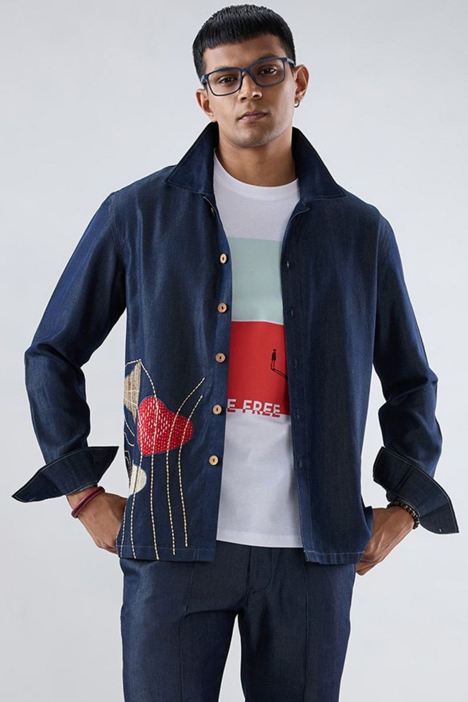 Dark Blue Denim Rust Panel Patchwork Shacket