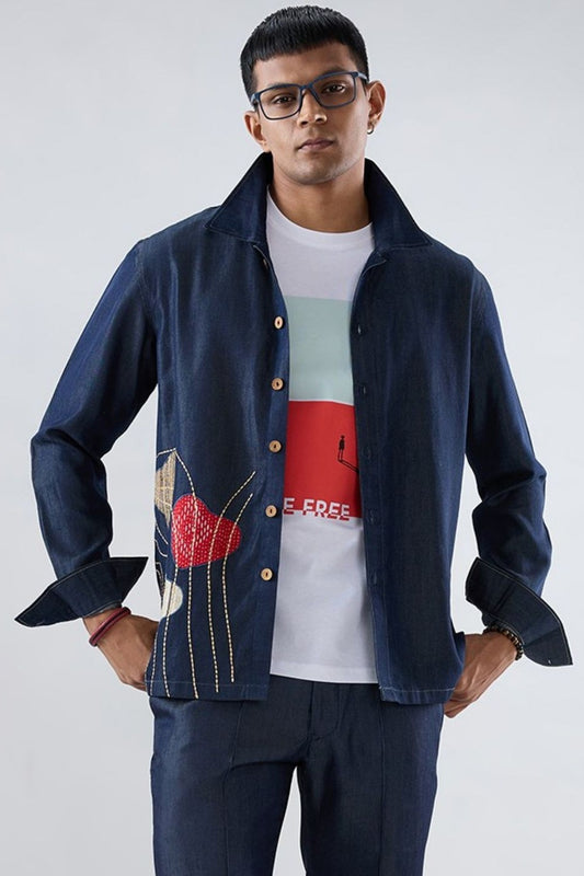 Dark Blue Denim Rust Panel Patchwork Shacket
