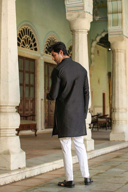 Black Applique Embroidered Silk Kurta