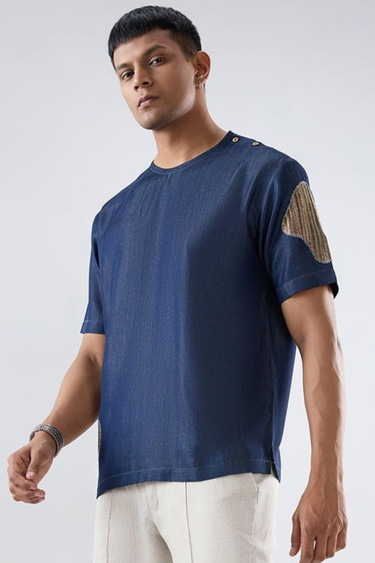 Dark Blue Denim Artisanal Patchwork T-shirt